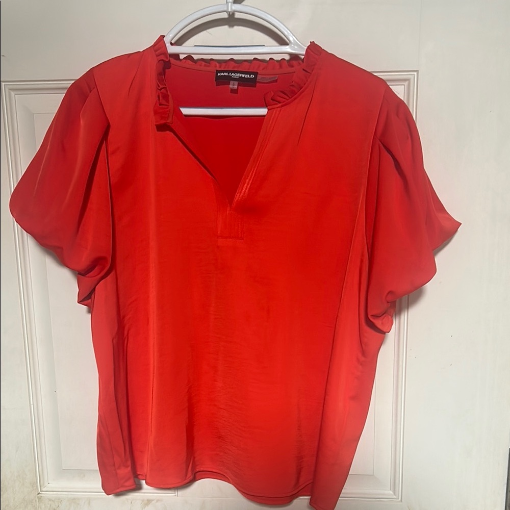 Karl Lagerfeld Red Flutter Sleeve Blouse